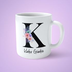 Art Hediye Çiçekli K Harfli İsimli Baskılı Kupa Bardak