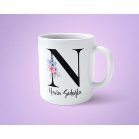 Art Hediye Çiçekli N Harfli İsimli Baskılı Kupa Bardak