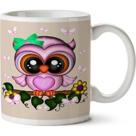 Art Hediye Cute Pink Owl and Butterflies İki Tarafı Baskılı Kupa