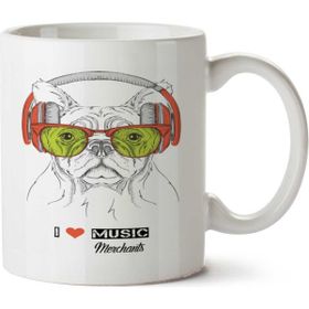 Art Hediye Fone Dog I Love Müsic İki Tarafı Baskılı Beyaz Kupa