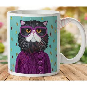 Art Hediye Gözlüklü Kedi İki Tarafı Baskılı Kupa Bardak