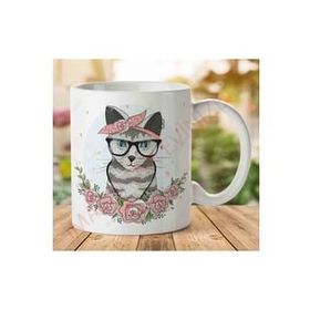 Art Hediye Hipster Çiçekli Kedi İki Tarafı Baskılı Kupa Bardak