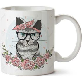 Art Hediye Hipster Çiçekli Kedi İki Tarafı Baskılı Kupa Bardak