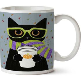Art Hediye Hipster Kedi Atkı Gözlük Yaprak İki Tarafı Baskılı Kupa Bardak