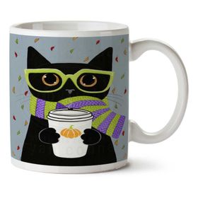 Art Hediye Hipster Kedi Atkı Gözlük Yaprak İki Tarafı Baskılı Kupa Bardak