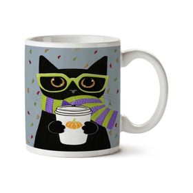 Art Hediye Hipster Kedi Atkı Gözlük Yaprak İki Tarafı Baskılı Kupa Bardak