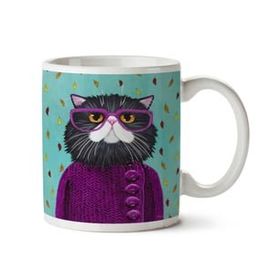 Art Hediye Hipster Kedi Mor Gözlük Hırka İki Tarafı Baskılı Kupa Bardak