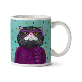 Art Hediye Hipster Kedi Mor Gözlük Hırka İki Tarafı Baskılı Kupa Bardak