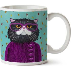 Art Hediye Hipster Kedi Mor Gözlük Hırka İki Tarafı Baskılı Kupa Bardak