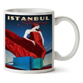 Art Hediye Istanbul Shopping, Girl, Vintage Travel Poster 01 İki Tarafı Baskılı Kupa Bardak