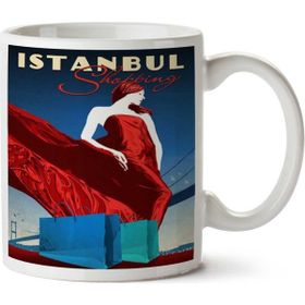 Art Hediye Istanbul Shopping, Girl, Vintage Travel Poster Iki Tarafı Baskılı Kupa Bardak