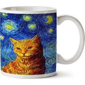 Art Hediye Yıldızlı Gece ve Kedi İki Tarafı Baskılı Kupa Bardak