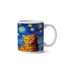 Art Hediye Yıldızlı Gece ve Kedi İki Tarafı Baskılı Kupa Bardak