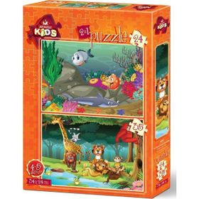 Art Puzzle Su Altı ve Orman Hayvanları 2'li 24+35 Parça Puzzle