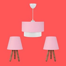 Art&Gift Ahşap Ayak Pembe Kumaş Başlık Yatak Odası Çocuk Odası Salon Üçlü Avize ve Abajur Seti