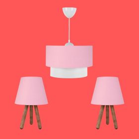 Art&Gift Ahşap Ayak Pembe Kumaş Başlık Yatak Odası Çocuk Odası Salon Üçlü Avize ve Abajur Seti
