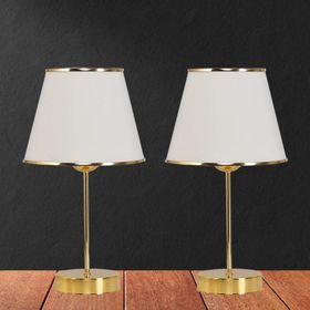 Art&Gift Star Gold Ayaklı Şeritli Krem Kumaş Başlık Yatak Odası Salon Masa Lambası 2 Adet Abajur