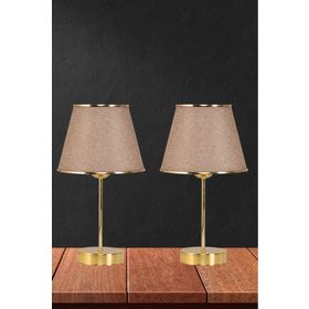 Art&Gift Star Gold Ayaklı Şeritli Kumbeji Kumaş Başlık Yatak Odası Salon Masa Lambası 2 Adet Abajur