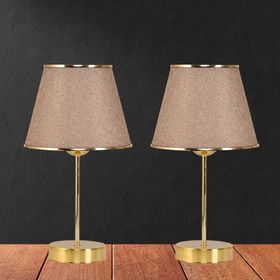 Art&Gift Star Gold Ayaklı Şeritli Kumbeji Kumaş Başlık Yatak Odası Salon Masa Lambası 2 Adet Abajur