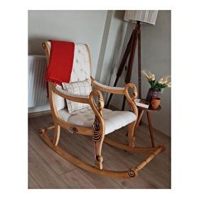 Asedia Mobilya Vintage Kuğu Naturel Krem El Oyması Ahşap Sallanan Sandalye Dinlenme Koltuğu Berjer