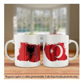 Asil Hediyelik Çift Yön Baskılı Arnavutluk Bayrağı Çift Başlı Kartal Ve Türkiye Bayrağı Kupa Bardak