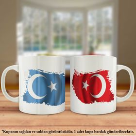 Asil Hediyelik Çift Yön Baskılı Doğu Türkistan Ve Türkiye Bayrağı Kupa Bardak