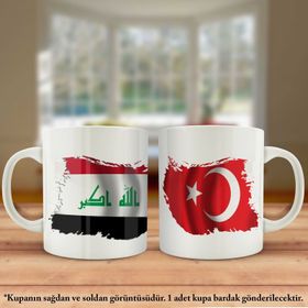 Asil Hediyelik Çift Yön Baskılı Irak Bayrağı Ve Türkiye Bayrağı Kupa Bardak