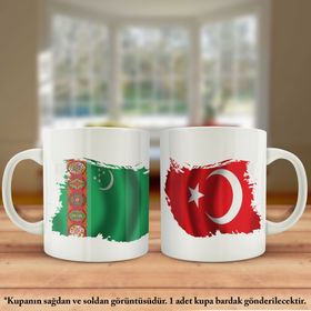 Asil Hediyelik Çift Yön Baskılı Türkmenistan Bayrağı Ve Türkiye Bayrağı Kupa Bardak