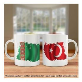 Asil Hediyelik Çift Yön Baskılı Türkmenistan Bayrağı Ve Türkiye Bayrağı Kupa Bardak