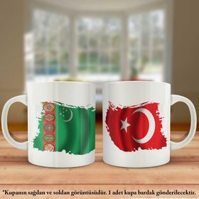 Asil Hediyelik Çift Yön Baskılı Türkmenistan Bayrağı Ve Türkiye Bayrağı Kupa Bardak