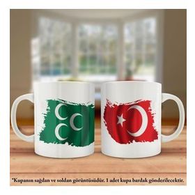 Asil Hediyelik Çift Yön Baskılı Yeşil Üç Hilal Bayrağı Ve Türkiye Bayrağı Kupa Bardak