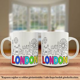 Asil Hediyelik Çift Yön Renkli Baskılı London Ctiy-Paris-Köprü-Çizim Kupa Bardak
