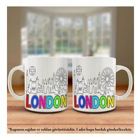 Asil Hediyelik Çift Yön Renkli Baskılı London Ctiy-Paris-Köprü-Çizim Kupa Bardak