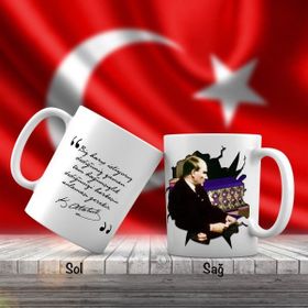 Asil Hediyelik Çift Yön Renkli Mustafa Kemal Atatürk Resimli Ve Unutulmayan Sözleri Kupa Bardak