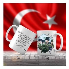 Asil Hediyelik Çift Yön Renkli Üniformalı Mustafa Kemal Atatürk Ve Unutulmayan Sözleri -Kupa Bardak