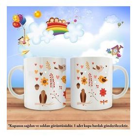 Asil Hediyelik Çocuklara Özel Karakterli Çift Yön Baskılı Hamakta Kalp-Çiçek-Kuş Kupa Bardak
