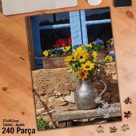 Asil Hobi Bakır Kapta Sarı Çiçekler-Dekor-Çiçek Yapboz-Ayak Destekli Çerçeveli 240 Parça Puzzle