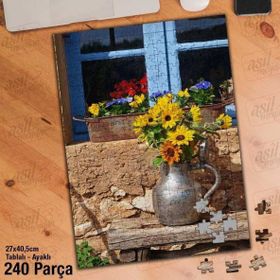 Asil Hobi Bakır Kapta Sarı Çiçekler-Dekor-Çiçek Yapboz-Ayak Destekli Çerçeveli 240 Parça Puzzle