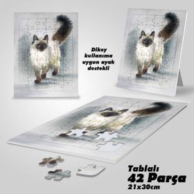 Asil Hobi Beyaz-Siyah Kedi-Sevimli Hayvanlar Yapboz-Ayak Destekli Çerçeveli 42 Parça Puzzle