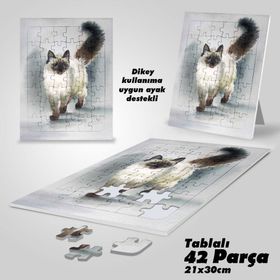 Asil Hobi Beyaz-Siyah Kedi-Sevimli Hayvanlar Yapboz-Ayak Destekli Çerçeveli 42 Parça Puzzle