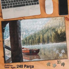Asil Hobi Çam Ağaçları-Kayık-Göl-Manzara Yapboz-Ayak Destekli Çerçeveli 240 Parça Puzzle