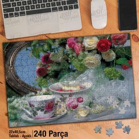 Asil Hobi Çiçekli Kahve Fincanları-Ayna Yapboz-Ayak Destekli Çerçeveli 240 Parça Puzzle