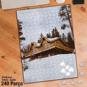 Asil Hobi Dağ Evi-Ağaçlar-Kar-Manzara Yapboz-Ayak Destekli Çerçeveli 240 Parça Puzzle
