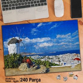 Asil Hobi Değirmen-Beyaz Evler-Mavi Deniz-Manzara Yapboz-Ayak Destekli Çerçeveli 240 Parça Puzzle