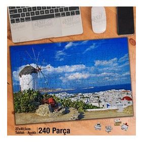 Asil Hobi Değirmen-Beyaz Evler-Mavi Deniz-Manzara Yapboz-Ayak Destekli Çerçeveli 240 Parça Puzzle