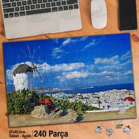 Asil Hobi Değirmen-Beyaz Evler-Mavi Deniz-Manzara Yapboz-Ayak Destekli Çerçeveli 240 Parça Puzzle