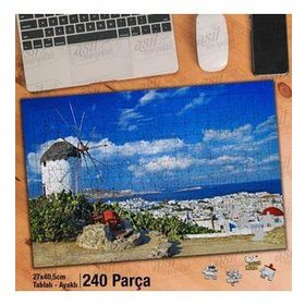 Asil Hobi Değirmen-Beyaz Evler-Mavi Deniz-Manzara Yapboz-Ayak Destekli Çerçeveli 240 Parça Puzzle
