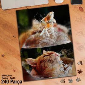 Asil Hobi Fanus-Süs Balığı-Sarı Tüylü Kedi Yapboz-Ayak Destekli Çerçeveli 240 Parça Puzzle