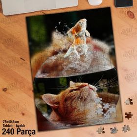 Asil Hobi Fanus-Süs Balığı-Sarı Tüylü Kedi Yapboz-Ayak Destekli Çerçeveli 240 Parça Puzzle