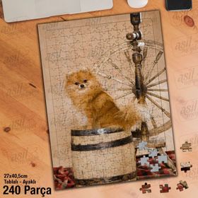 Asil Hobi Fıçı Üstündeki Sevimli Köpek-Hayvan Yapboz-Ayak Destekli Çerçeveli 240 Parça Puzzle